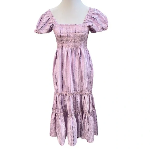 knee length dresses for ladies Lavender Muslin Gingham Daisy Printed Tiered Midi Dress – Shinisha main image 0